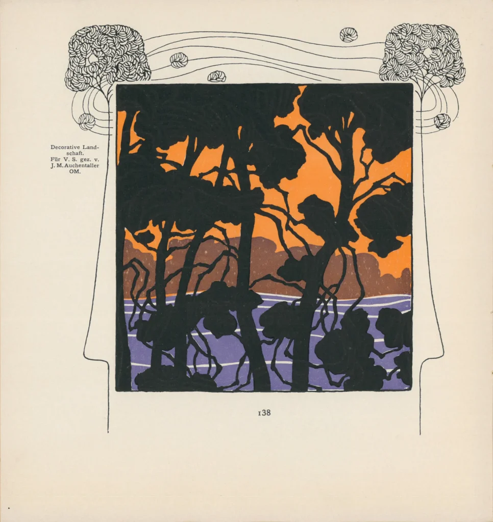 immagine per Josef Maria Auchentaller, paesaggio decorativo, illustrazione per «Ver Sacrum», anno 4, n. 8, 1901. Collezione Biancardi, Milano.