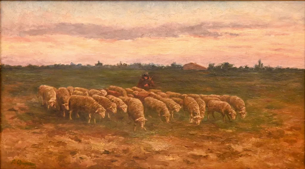 immagine per JEAN-FERDINAND CHAIGNEAU Berger et son Moutons le soir au coucher du soleil