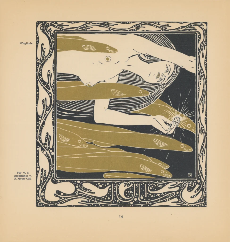 immagine per Koloman Moser, Woglinde la ninfa, illustrazione in oro e nero per il mese di luglio del calendario di «Ver Sacrum», anno 4, n. 1, 1901. Collezione Biancardi, Milano.