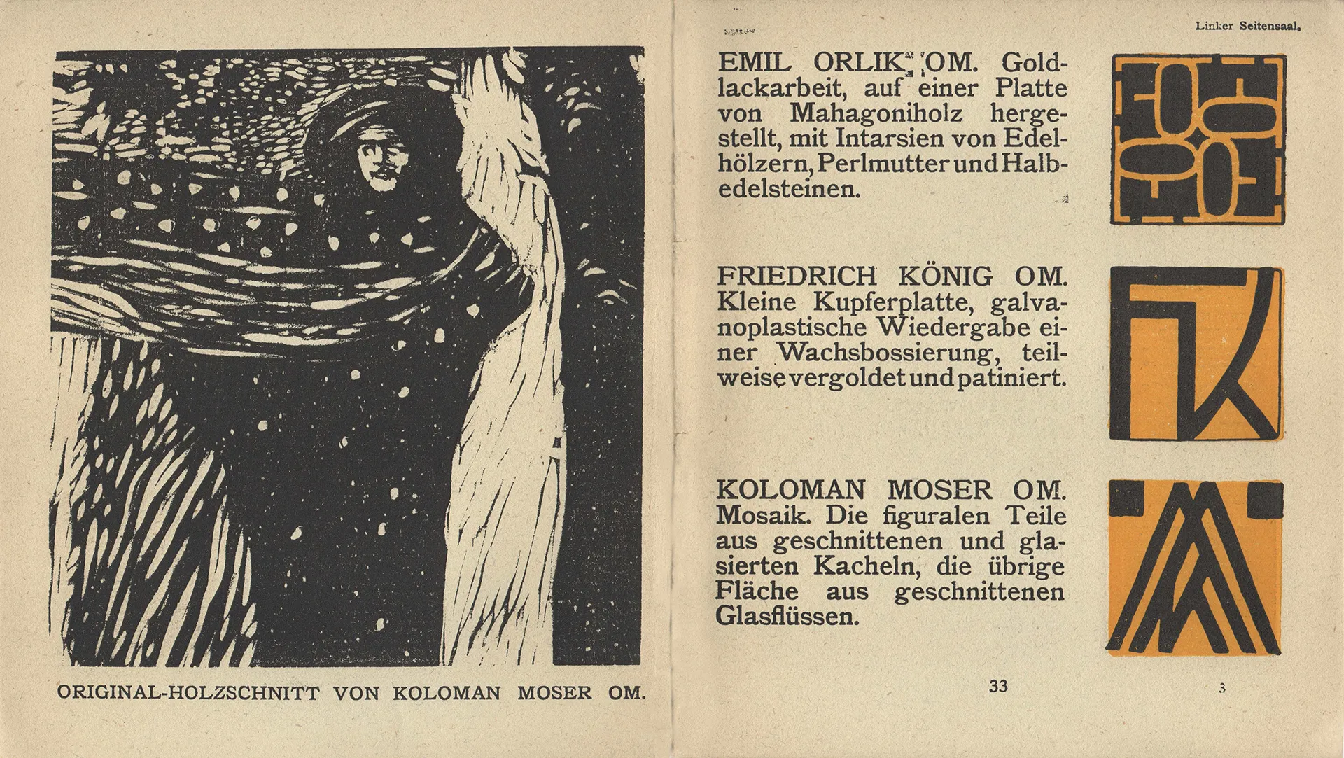immagine per Doppia pagina del catalogo per la XIV Mostra della Secessione viennese (Klinger-Beethoven), 1902, con una xilografia di Koloman Moser e tre monogrammi di Emil Orlik, Friedrich König e Koloman Moser. Collezione privata, Milano.