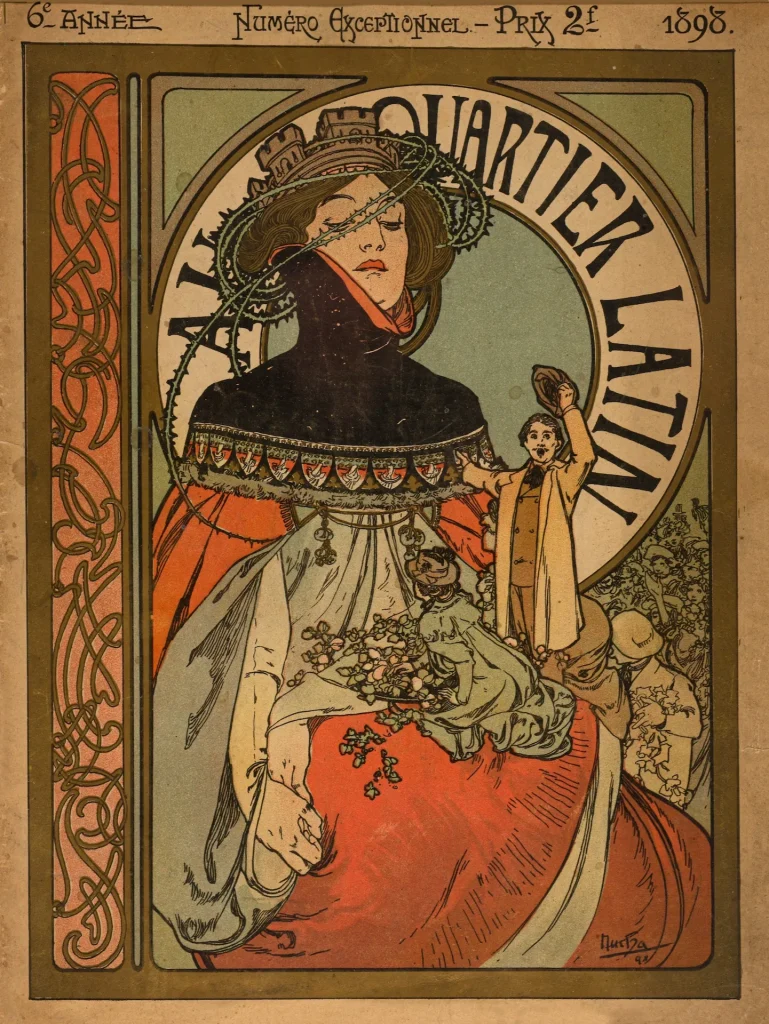 immagine per Alphonse Mucha, Au Quartier latin, litografia a colori, copertina per la omonima rivista, anno 6, numero speciale, 1898. Collezione Bardazzi, Firenze.