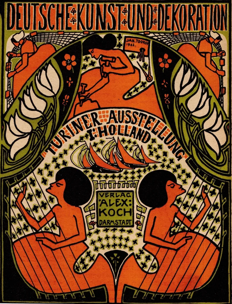immagine per Jan Toorop, manifesto per il salone olandese della Esposizione internazionale di Torino del 1902, copertina per «Deutsche Kunst und Dekoration», anno 5, n. 11, agosto 1902. Collezione privata, Milano.
