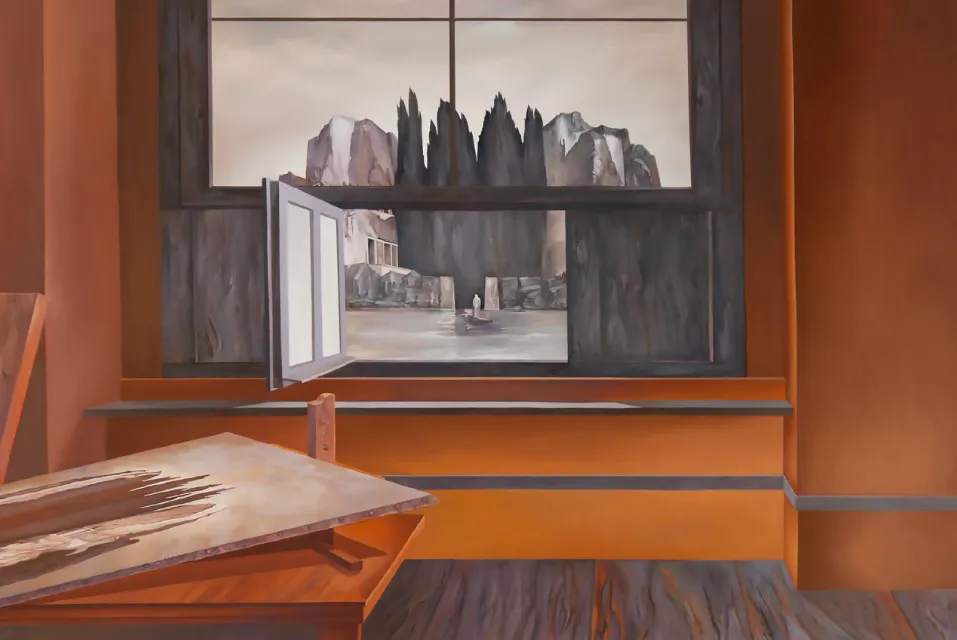 immagine per Fabrizio Clerici, Il grande studio di Dresda (1979; olio su tavola, 100 x 150 cm; Collezione Privata)
