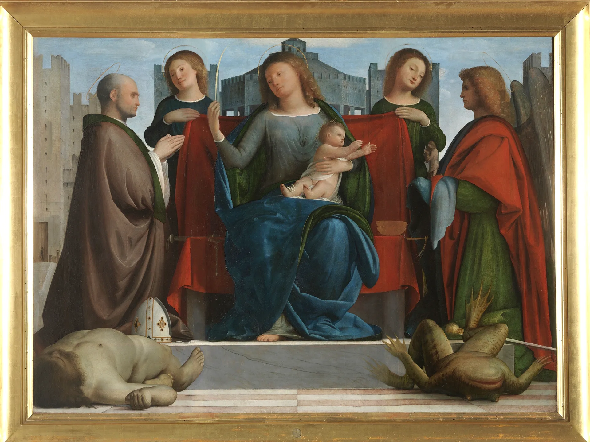 immagine per Fig. 10. Bartolomeo Suardi, detto il Bramantino, Madonna con il Bambino tra i santi Ambrogio e Michele Arcangelo (trittico di San Michele), 15050, tavola, 122 x 157 cm, Milano, Veneranda Biblioteca Ambrosiana, Pinacoteca, inv. 96
