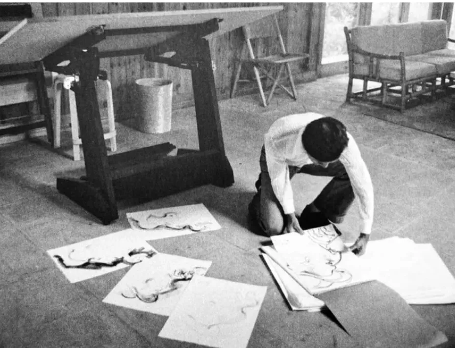 immagine per Fig. 16. Dino Pedriali, Pier Paolo Pasolini disegna il profilo di Roberto Longhi nella Torre di Chia, ottobre 1975. ©Archivio Dino Pedriali/ Cineteca di Bologna.