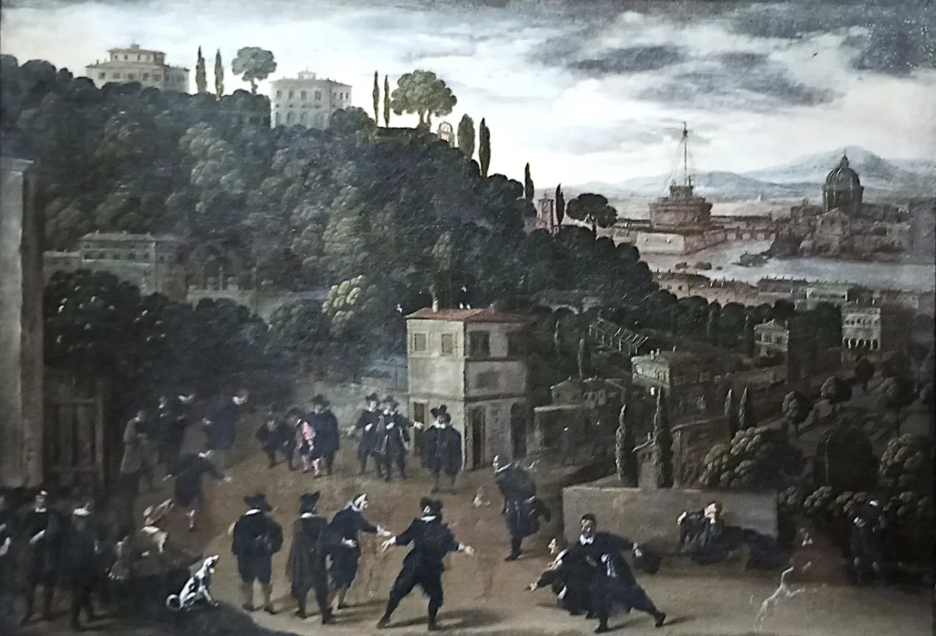 immagine per 11. Anonimo fiammingo - Gioco delle bocce alle falde del Gianicolo - olio su tela - fine del XVII secolo