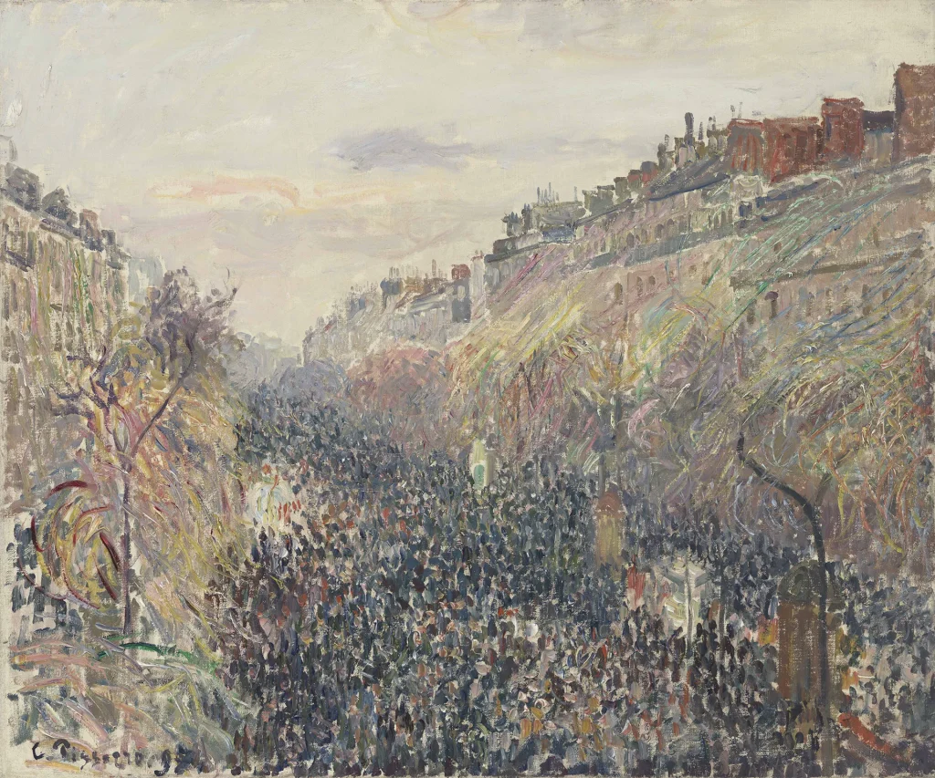 immagine per Camille Pissarro Le Boulevard Montmartre, mardi gras, soleil couchant, 1897 Oil on canvas Dimensions: 54 x 65 cm Dimensions (frame): 73 x 84 x 8.5 cm KV 756 Creditline: Kunst Museum Winterthur Foto: SIK-ISEA, Zürich (Martin Stollenwerk)