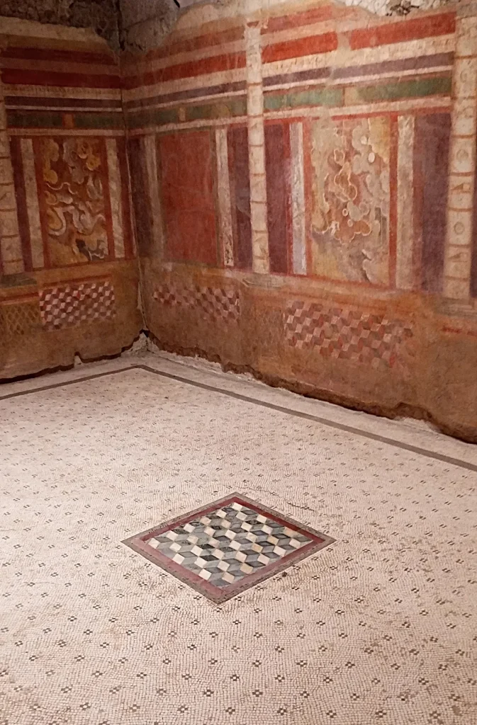 immagine per Casa dei Grifi - Palatino - emblema con cubi prospettici al centro di un pavimento musivo