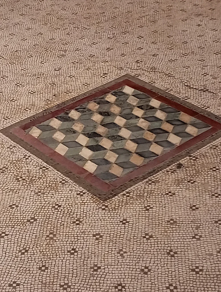 immagine per Casa dei Grifi - Palatino - emblema con cubi prospettici al centro di un pavimento musivo. partic.
