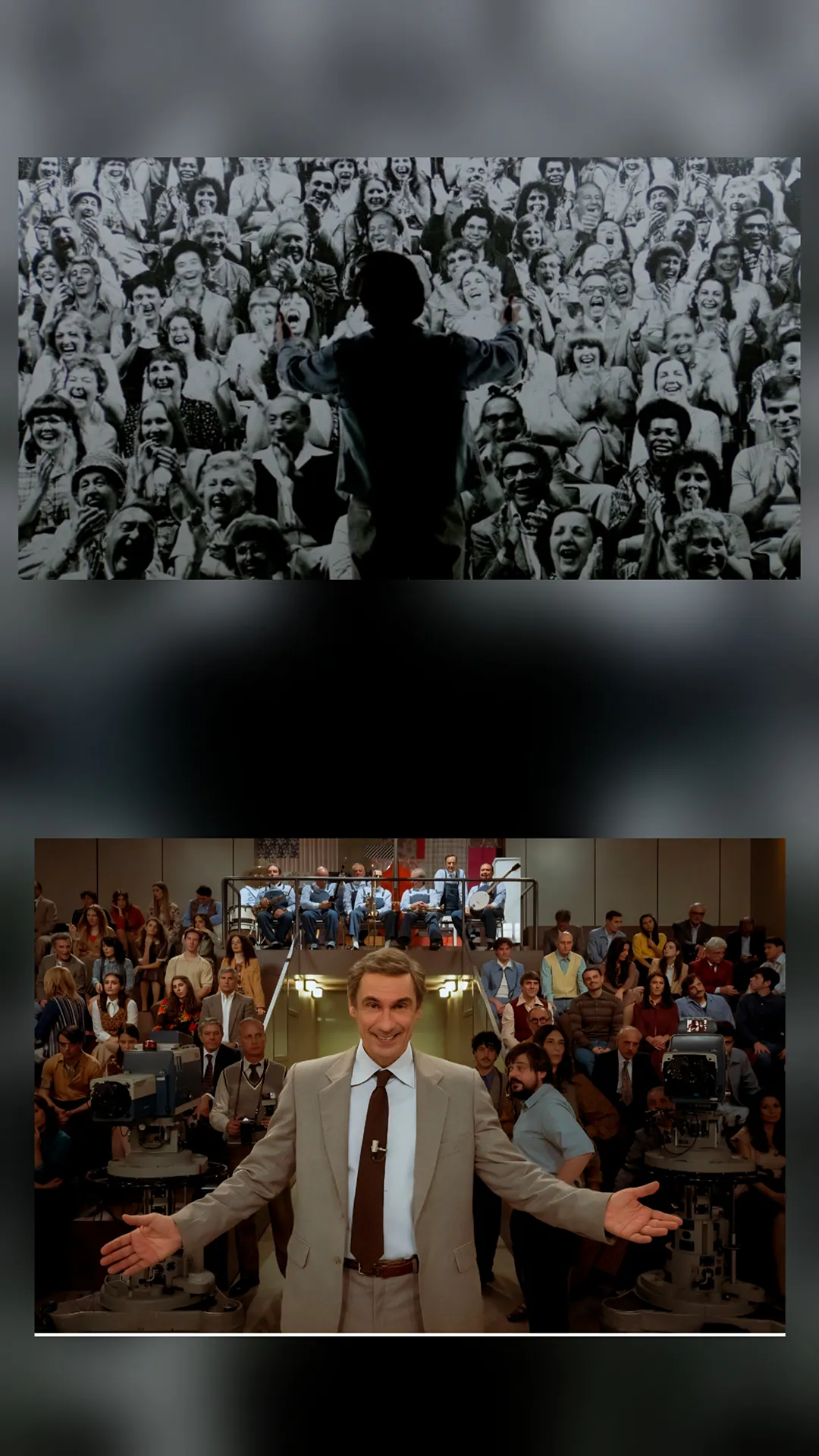 immagine per Fig. 2. Robert De Niro nello studio televisivo immaginario in Re per una notte. Regia: Martin Scorsese. Produzione: 20th Century Fox, Embassy International Pictures (USA 1982). Fabrizio Gifuni nello studio di “Portobello” in Portobello. Foto: Anna Camerlingo
