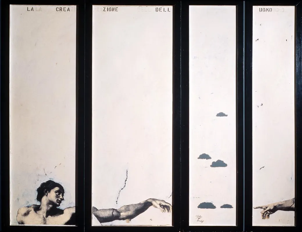 immagine per Tano Festa, La Creazione dell’Uomo, 1964, smalto e carta emulsionata su legno, 190 x 272 cm, Roma, Collezione Franchetti