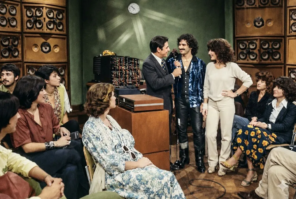 immagine per Gigi Tonet con Gianni Boncompagni su RAI 1 a Discoring 1978 (frame estratto dal video colorato e rigenerato in AI)