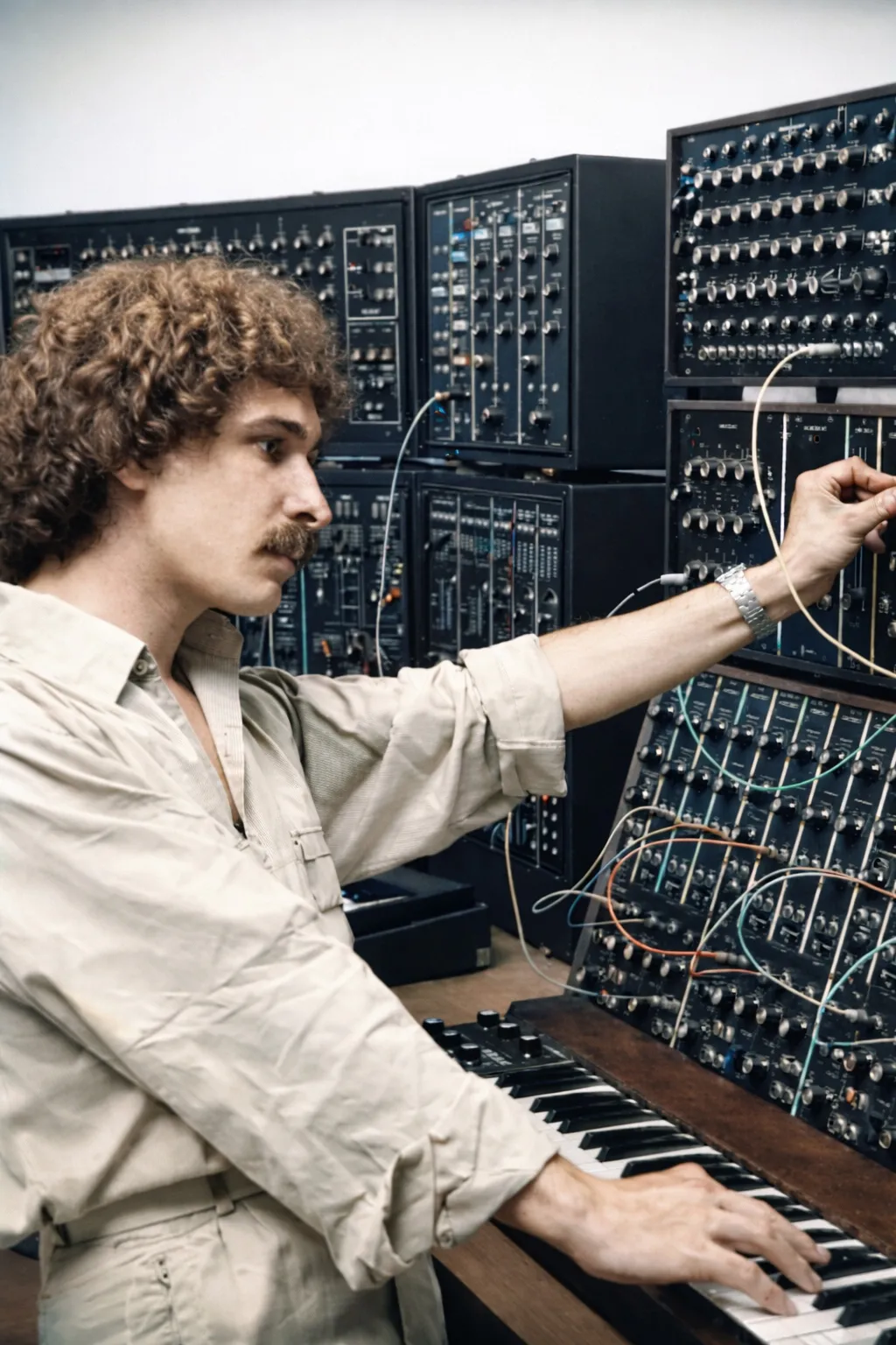 immagine per Gigi Tonet e il Moog Modular (rigenerata e colorata in AI )