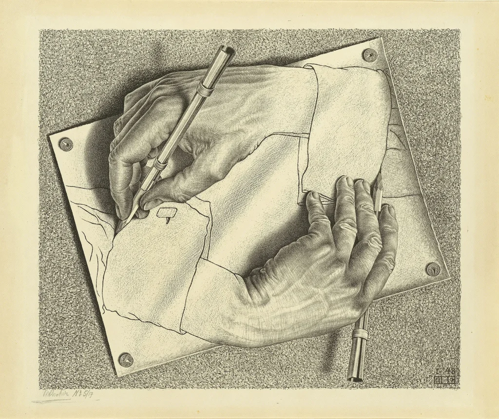 immagine per M.C. Escher Mani che disegnano, 1948 Litografia, 282x332 mm Collezione Maurits, Italia All M.C. Escher works © 2026 The M.C. Escher Company, The Netherlands. All rights reservedwww.mcescher.com