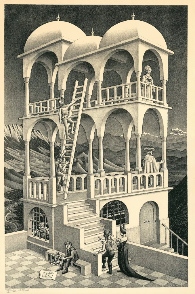 immagine per M.C. Escher Belvedere, 1958 Litografia, 462x295 mm Collezione Maurits, Italia All M.C. Escher works © 2026 The M.C. Escher Company, The Netherlands. All rights reservedwww.mcescher.com