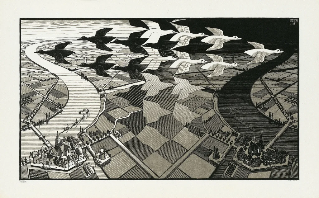 immagine per M.C. Escher Giorno e notte, 1938 Xilografia, 391x677 mm Collezione M.C. Escher Heritage, Paesi Bassi All M.C. Escher works © 2026 The M.C. Escher Company, The Netherlands. All rights reserved www.mcescher.com