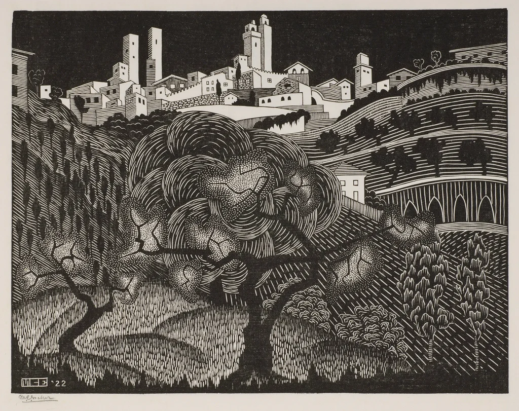 immagine per M.C. Escher San Gimignano, 1922 Xilografia, 247x321 mm Collezione M.C. Escher Heritage, Paesi Bassi All M.C. Escher works © 2026 The M.C. Escher Company, The Netherlands. All rights reserved www.mcescher.com