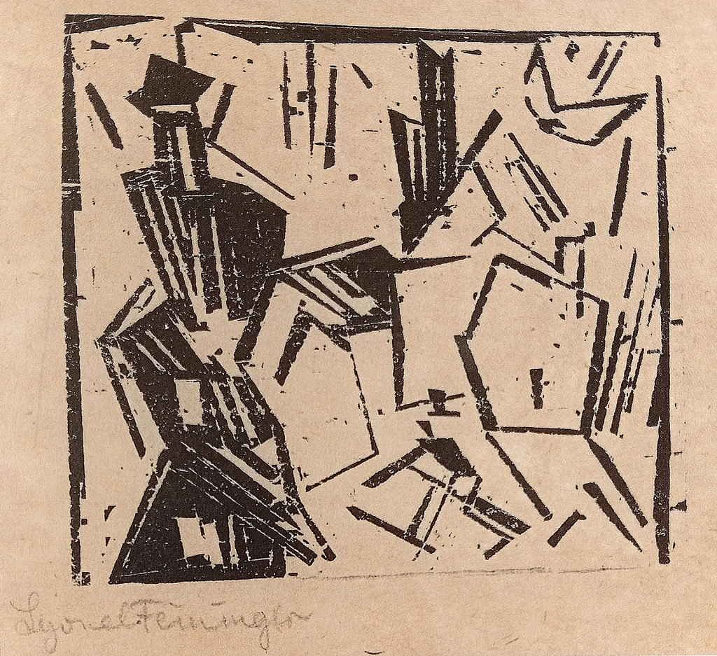 immagine per fig. 22 - Lyonel Feininger, Villaggio con sciatore, 1918 -xilografia s. carta giapponese