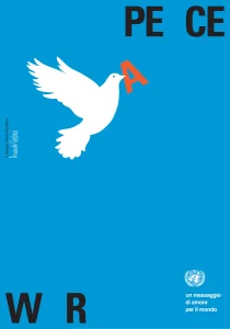 immagine per il poster di Armando Milani, poster Peace, 2002 (ristampa Lazy Dog Press, 2023, courtesy AIAP CDPG).