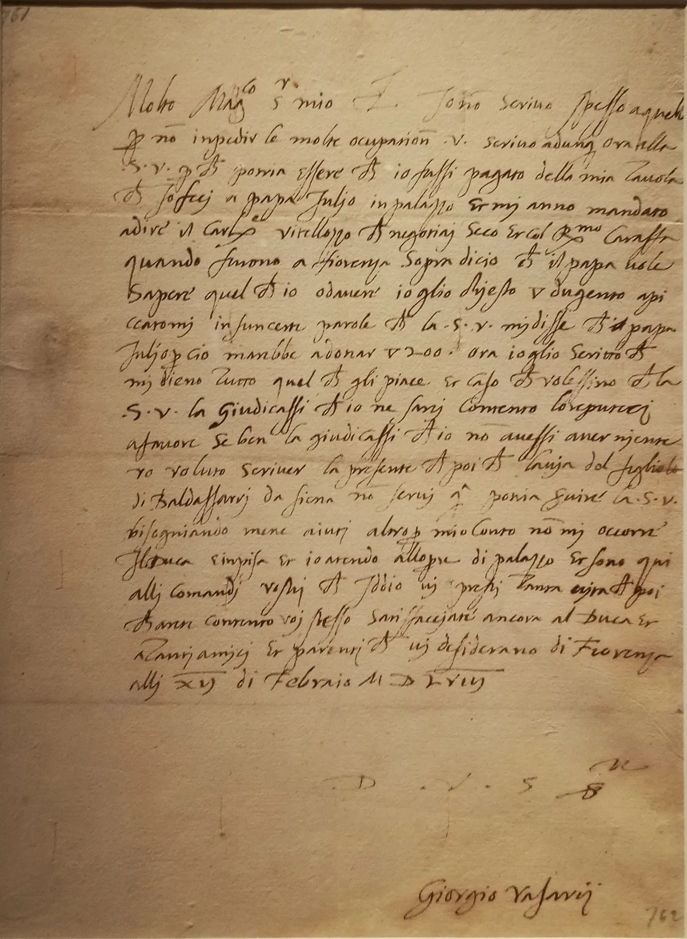 immagine per G. Vasari. Lettera a Michelangelo per intercedere con Giulio III a favore del pagamento della tavola con la Chiamata di s. Pietro - 12 febbraio 1559 Firenze Archivio Buonarroti