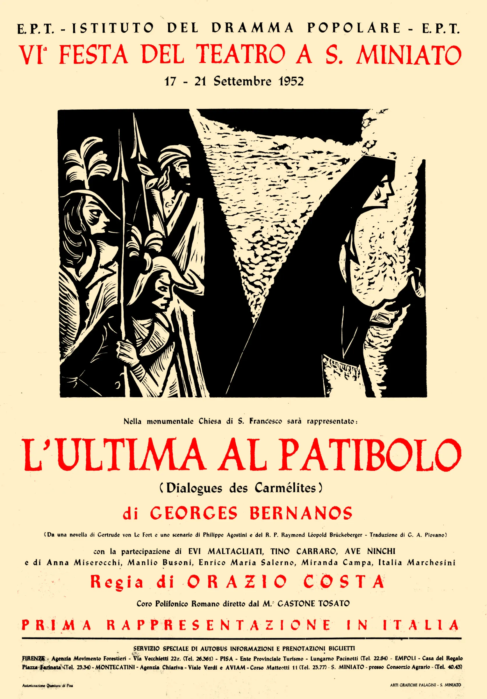 immagine per La locandina di Georges Bernanos, L’ultima al patibolo, in cui Luca Ronconi recita per la prima volta, interpretando un popolano. Regia: Orazio Costa. 17-21 settembre 1952, San Miniato, VI Festa del Teatro, Istituto del Dramma Popolare