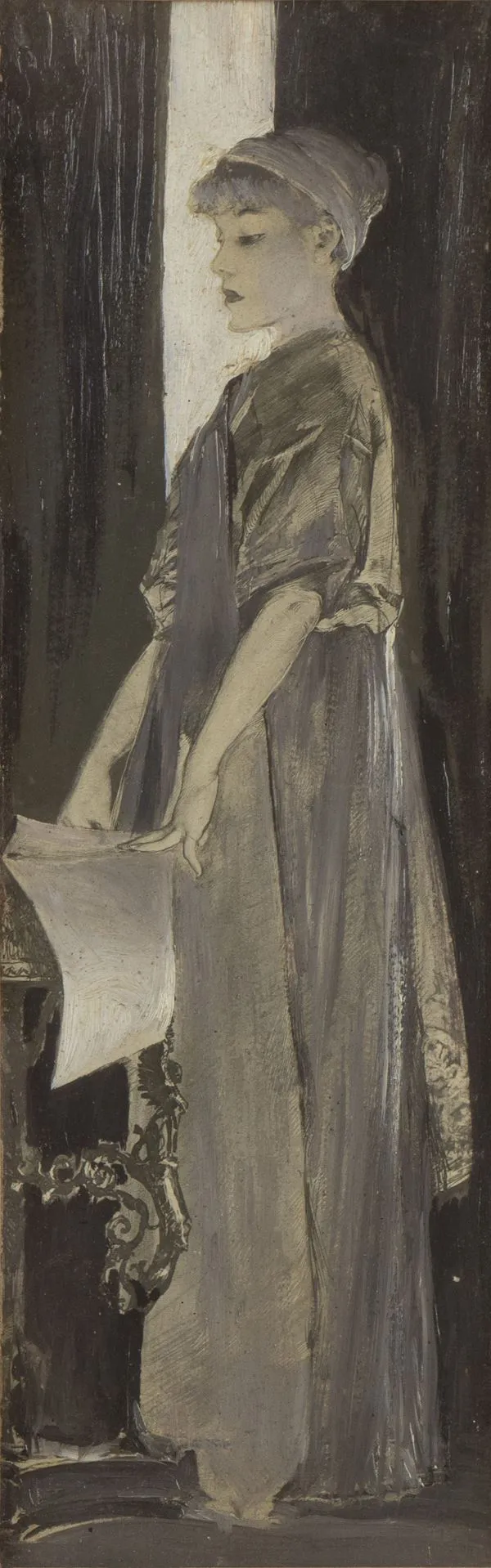 immagine per Giulio Aristide Sartorio, Eleonora Duse nella “Sposa di Menecle”, 1885, olio su tavola 27 x 8,5 cm. ©https://www.bertolamifineart.com/it/asta-0359-1/sartorio-giulio-aristide-giulio-aristide-sartorio-eleonora-duse-nella–134114