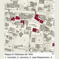 immagine per La mappa del centro di Villabassa del 1945 Niederdorf . In rosso gli edifici dove vennero alloggiati gli ostaggi