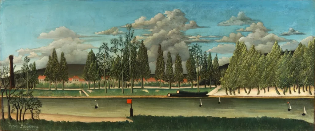 immagine del quadro di Henri Rousseau (1844-1910) Veduta del Quai d'Asnières, detto anche Il Canale e Paesaggio con Tronchi d'Albero, aprile 1900-1902, Olio su tela, 52 x 126,3 cm, Filadelfia, The Barnes Foundation. Foto © 2026 The Barnes Foundation