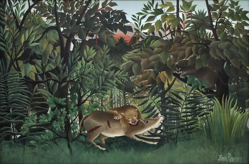 immagine del quadro di Henri Rousseau (1844-1910) Il leone affamato si avventa sull'antilope, 1898-1905 Olio su tela, 200 x 301 cm Riehen/Basilea, Fondation Beyeler, Collezione Beyeler