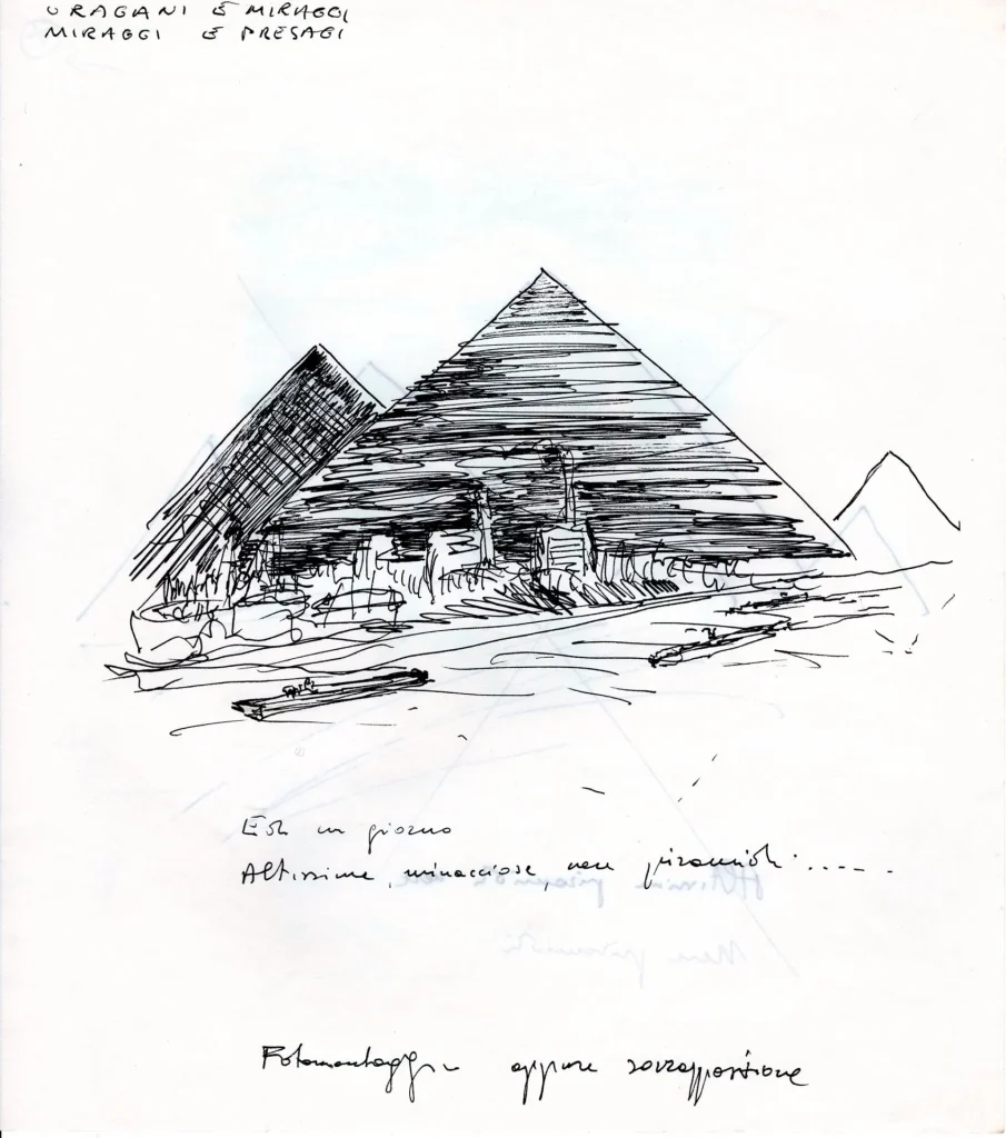 immagine per Uragani e miraggi / Miraggi e presagi. Ed un giorno altissime, minacciose, nere piramidi..., 1978-79, penna su carta. Courtesy Archivio Francesco Somaini / Fondazione Francesco Somaini Scultore ETS