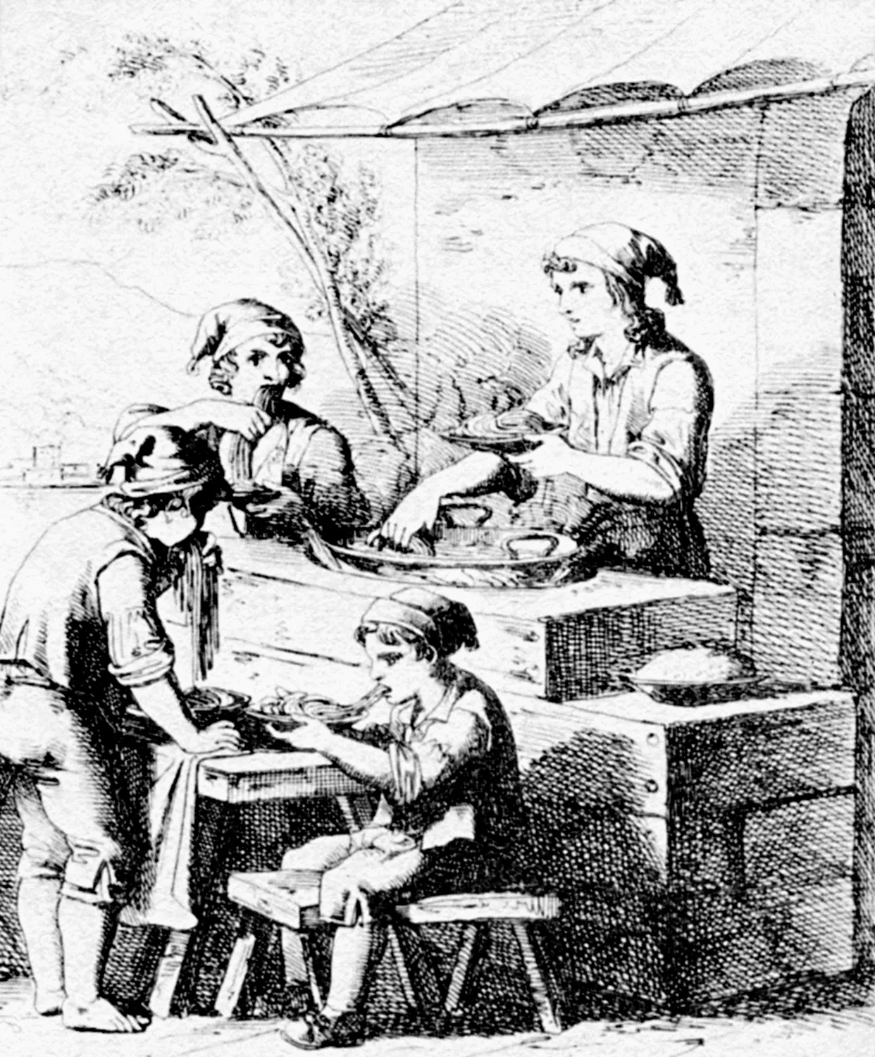 immagine per I lazzari napoletani che mangiano maccheroni in un’incisione di Bartolomeo Pinelli (1781-1835) / Foto Wikimedia Commons