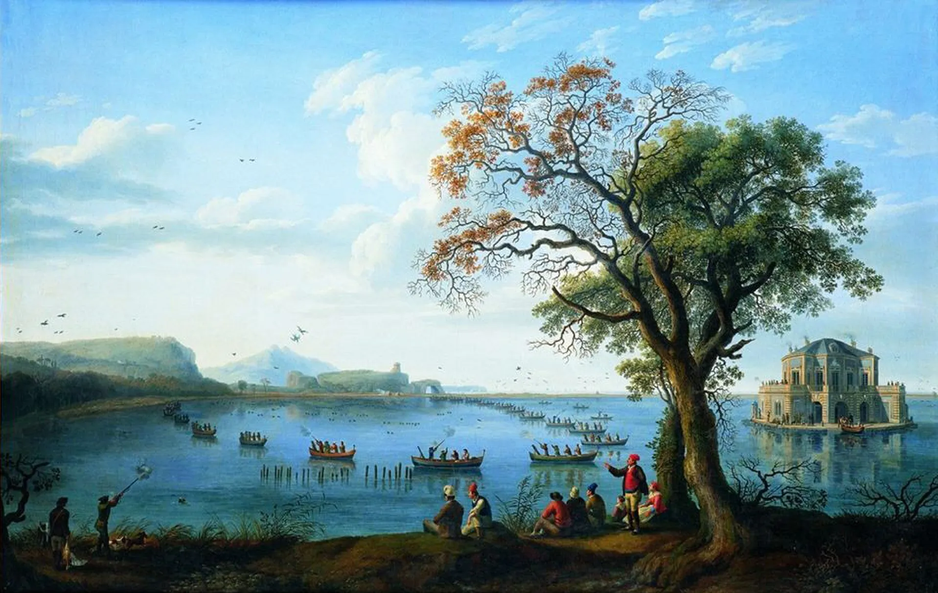 immagine per Jakob Philipp Hackert, Caccia sul Fusaro (1783), conservato presso il Museo di Capodimonte, Napoli. Tratta da Wikimedia Commons.