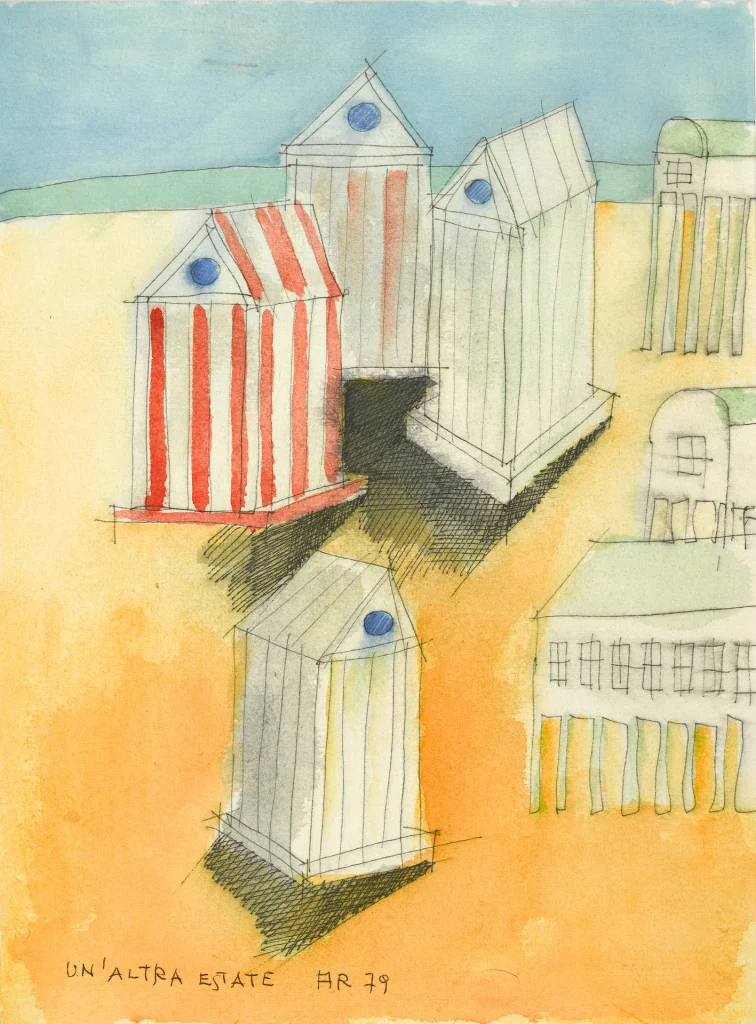 immagine per Aldo Rossi Un’altra estate, 1979 Progetto: Cabina dell’Elba, Molteni & C., 1980 Acquerello, inchiostro e pennarello su carta 31 x 21,2 cm Collezione privata © Estate of Aldo Rossi. All rights reserved 2026 / Bridgeman Images, courtesy of Fondazione Aldo Rossi