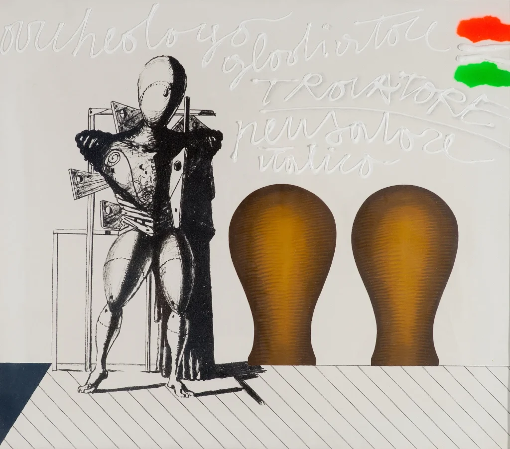immagine per Concetto Pozzati Dal ciclo “Restaurazione”: Il trovatore italico, 1973 Olio e acrilico su tela, 70 x 80 cm Museo Magi ’900 - Pieve di Cento (Bologna)