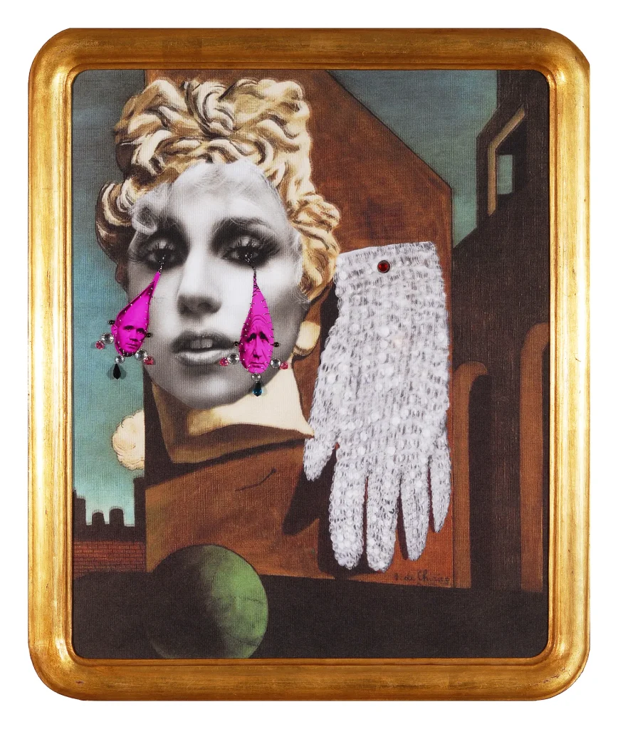 immagine per Francesco Vezzoli Le Gant d’Amour (After de Chirico and Jean Genet), 2010 Stampa ad inchiostro su tela e ricamo metallico, gioielli personalizzati 74,5 x 61,5 cm Collezione privata © Francesco Vezzoli, by SIAE 2026