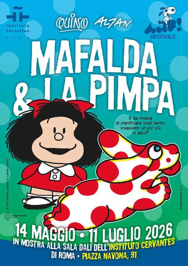 immagine per locandina della mostra Mafalda & La Pimpa all‘Instituto Cervantes di Roma.