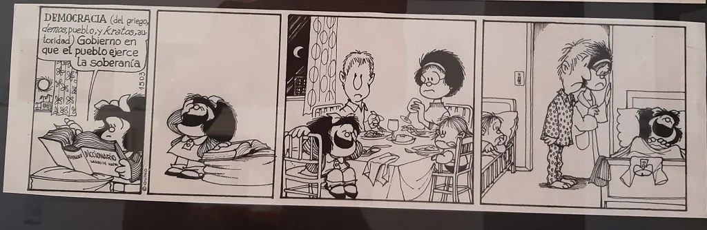 immagine per in un’altra striscia di Mafalda, esposta nell’Instituto Cervantes di Roma, Quino lamenta la soppressione della libertà operata dalla dittatura argentina.
