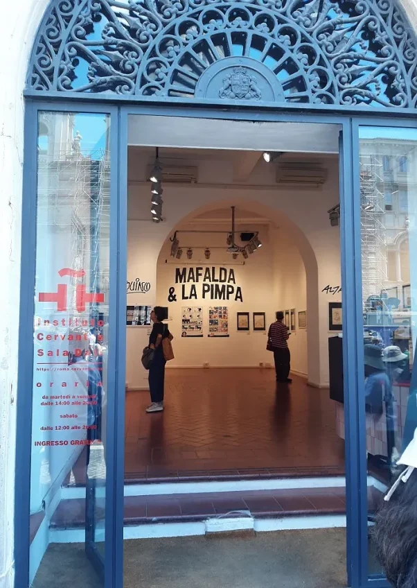 immagine per ingresso della mostra Mafalda & La Pimpa all’Instituto Cervantes di Roma di Piazza Navona.