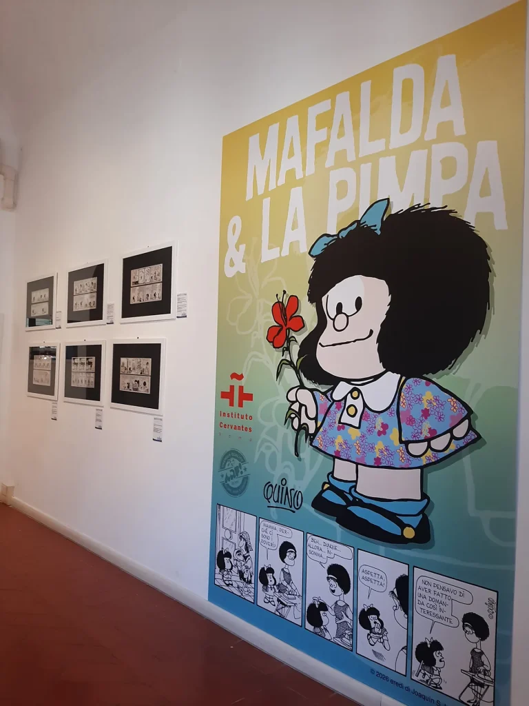 immagine per atrio della mostra Mafalda & La Pimpa all’Instituto Cervantes di Roma