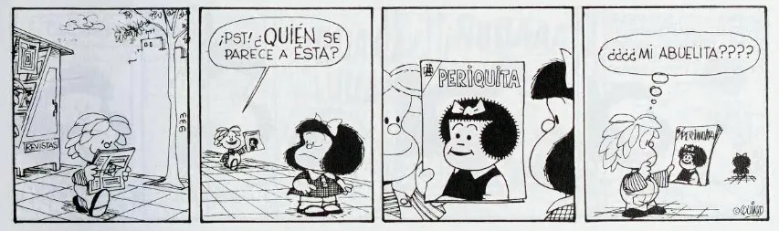immagine per in una sua tavola, Quino scherza sulla somiglianza tra Mafalda e Zoe con un inside joke meta-fumettistico.