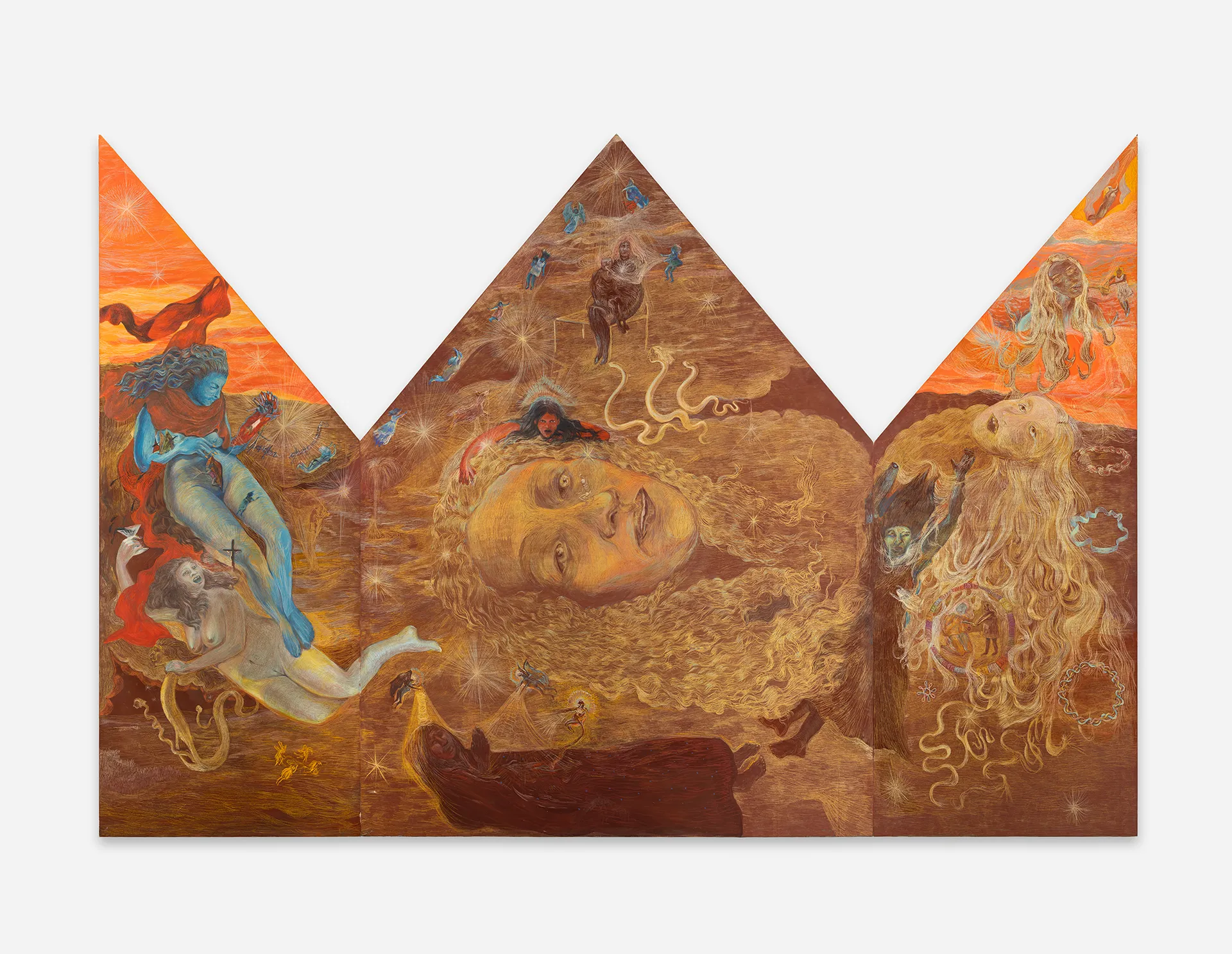 immagine per A luz, espírito vivotriptych, 250 × 186 cm (98 3/8 × 73 1/4 in) (closed) 250 × 370 cm (98 3/8 × 145 5/8 in) (open) oil, acrylic, graphite and colored pencil on wood 2026 Photo Robson Lemos