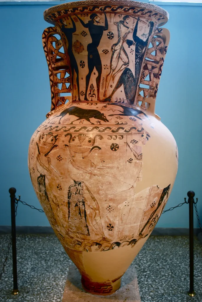 immagine per L’accecamento di Polifemo. Anfora protoattica a figure nere del Pittore di Polifemo, ca 670 a.C., Eleusi, Museo archeologico