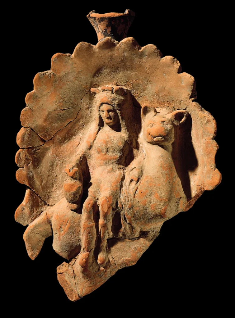 immagine per Attic terracotta oinochoe (wine jug) with trefoil mouth, featuring the youthful Dionysus riding a panther. Mid-4th c. BC Benaki Museum, inv. no. ΓΕ 28138