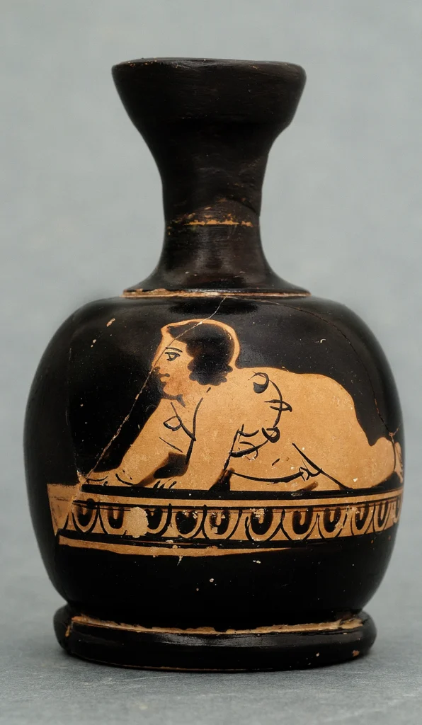 immagine per Attic small red-figure squat lekythos (vase for aromatic oils) depicting a crawling boy child, wearing a chain with amulets diagonally on its torso. Late 5th c. BC. Benaki Museum, inv. no. ΓΕ 35432