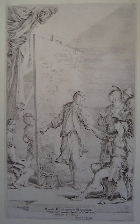 Fig. 4. Salvator Rosa, <em>Alessandro Magno visita lo studio di Apelle</em>, incisione, 1662 ca. © <a href="https://catalogo.beniculturali.it/detail/HistoricOrArtisticProperty/1500346760" target="_blank" rel="noopener">https://catalogo.beniculturali.it/detail/HistoricOrArtisticProperty/1500346760</a> immagine per Fig. 4. Salvator Rosa, Alessandro Magno visita lo studio di Apelle, incisione, 1662 ca. © https://catalogo.beniculturali.it/detail/HistoricOrArtisticProperty/1500346760