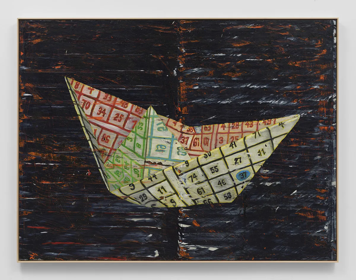 immagine per Angel Otero, Caribe Bingo, 2024, Oil paint and fabric collaged on canvas, 72 x 95 x 1.5 in