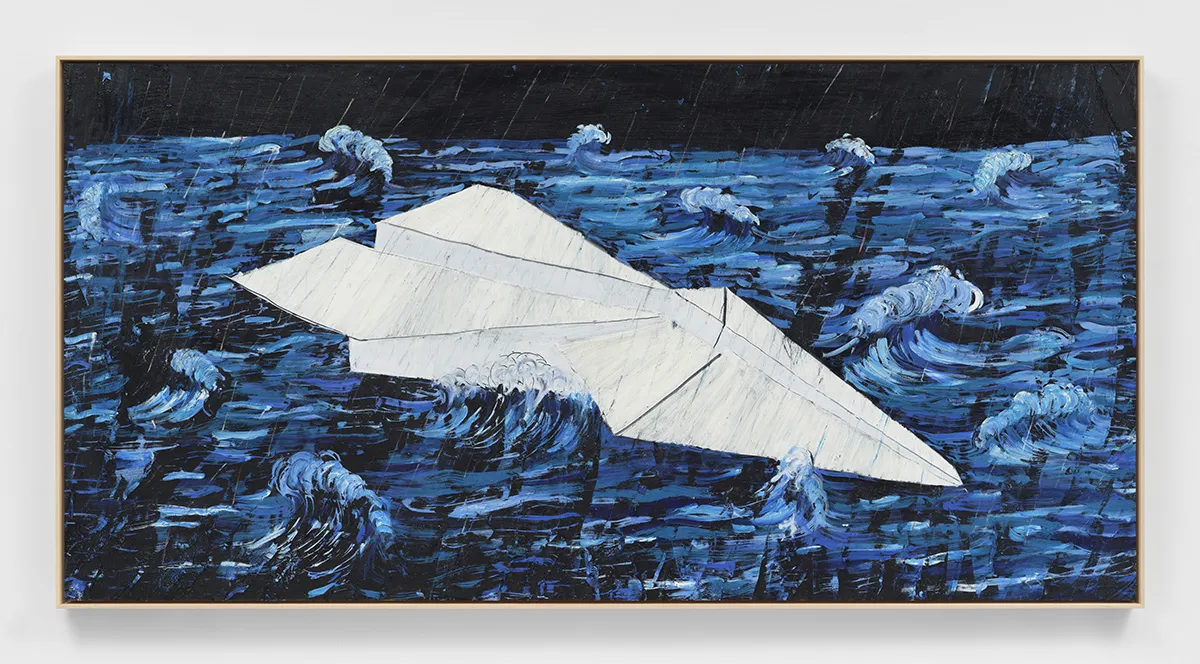 immagine per Angel Otero, Wave Kissed, 2024, Oil paint and fabric collaged on canvas, 47.5 x 95 x 1.5 in