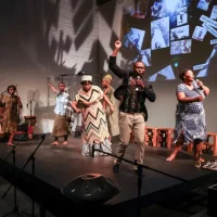 immagine per Sibonelo Gumede and Nombuso Mathibela, Ways of Repair, 2024-ongoing, Performance with voice, string instruments, and projectors, dimensions variable, presented at the Centre for the Less Good Idea, Johannesburg S. Africa, Photo by Zivanai Matangi
