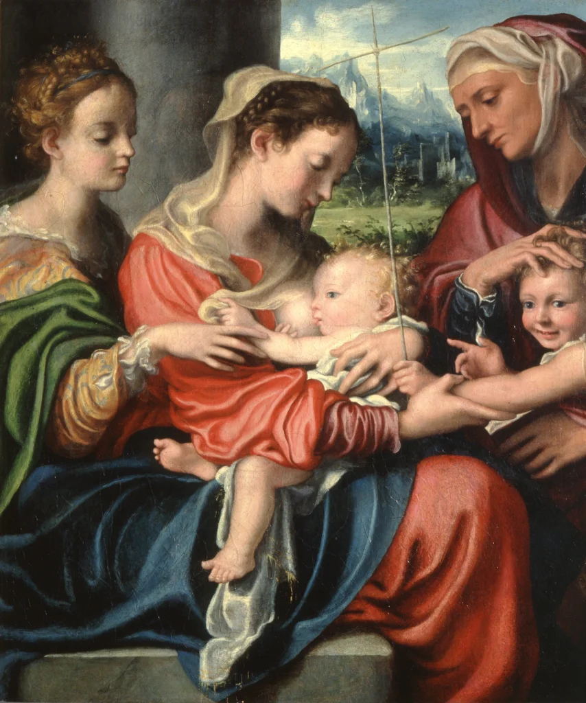 immagine per Giorgio Gandini del Grano, Madonna che allatta il Bambino, san Giovannino e le sante Maria Maddalena ed Elisabetta, 1530 ca, Olio su tela, cm 81 x 68, Parma, Galleria Nazionale, Complesso monumentale della Pilotta