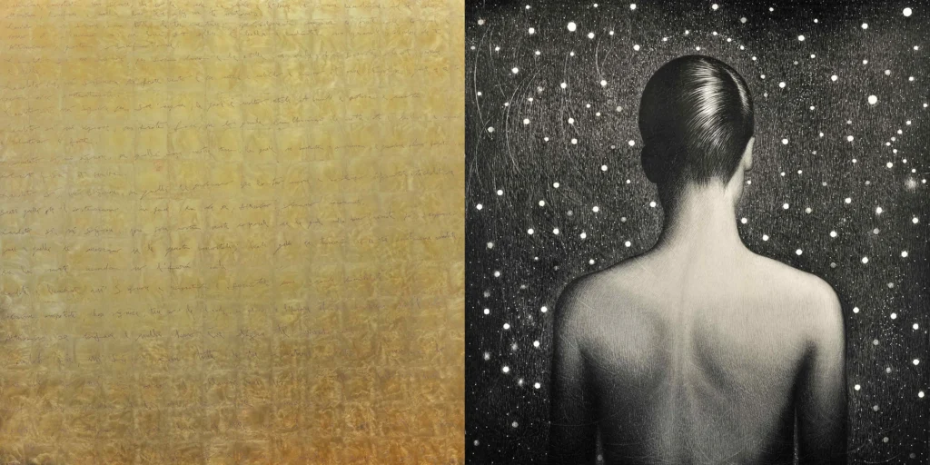 immagine per Omar Galliani IN LUMINE DEI dittico, 2024-2026 200x400 cm matita nera + oro in foglia su tavola di pioppo Archivio Omar Galliani Crediti fotografici: Luca Trascinelli